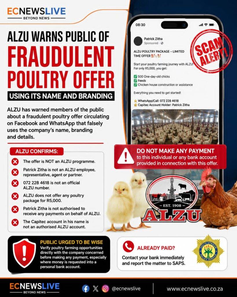 ALZU poultry scam warning about fraudulent offer circulating on Facebook and WhatsApp