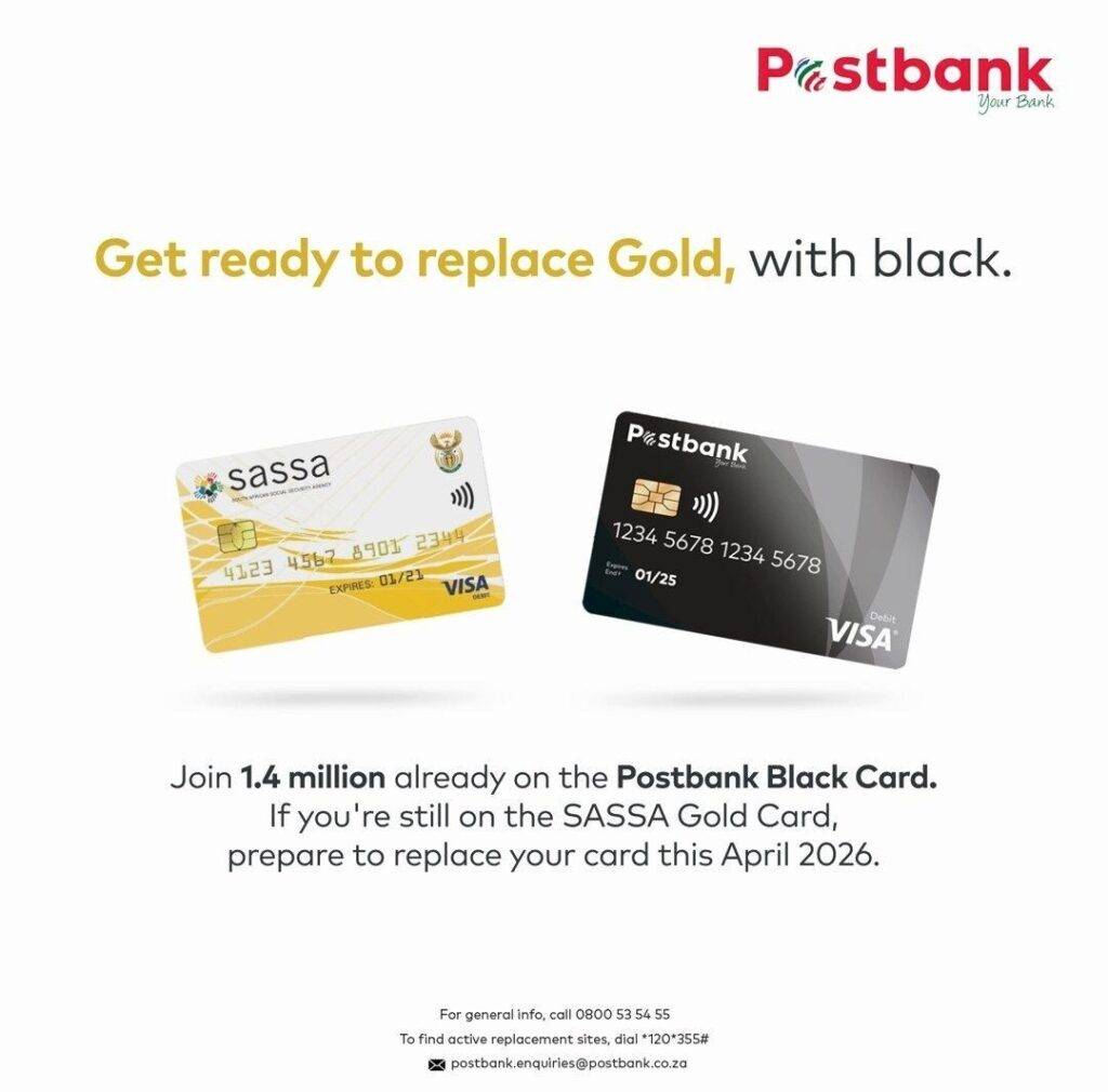 A SASSA Gold Card and a Postbank Black Card shown side by side, illustrating the migration from the old card to the new Postbank Black Card.