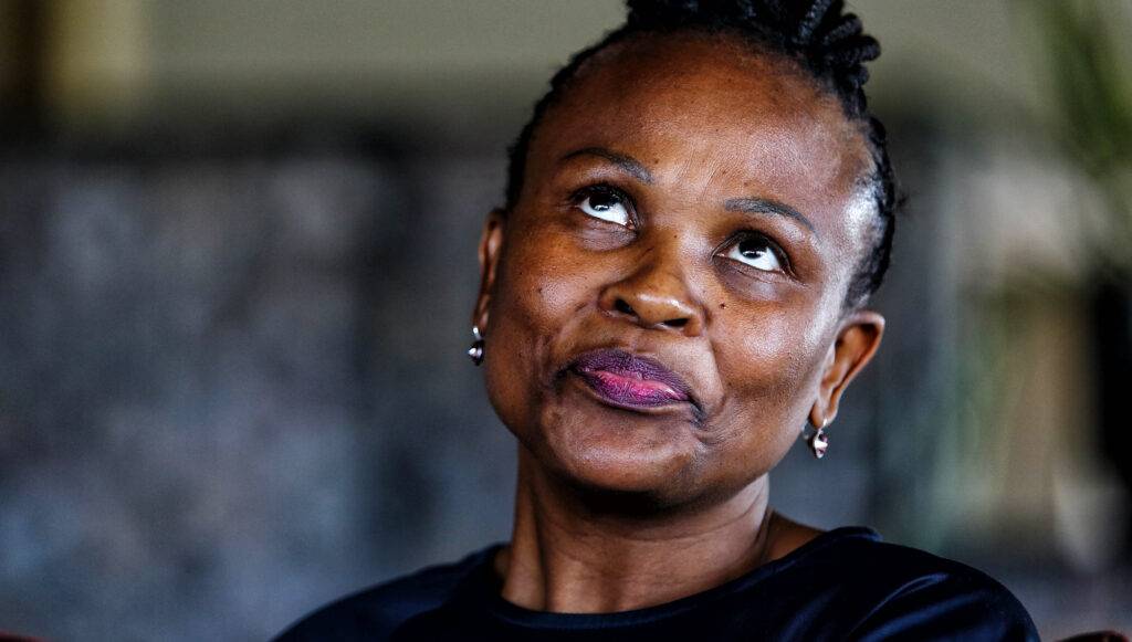 Busisiwe Mkhwebane outside court during proceedings in her perjury case.