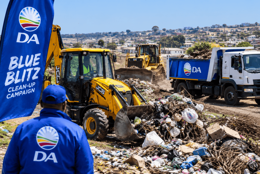 DA Blue Blitz Clean-Up Campaign workers and heavy machinery clearing illegal dumping in Bethelsdorp, Nelson Mandela Bay.