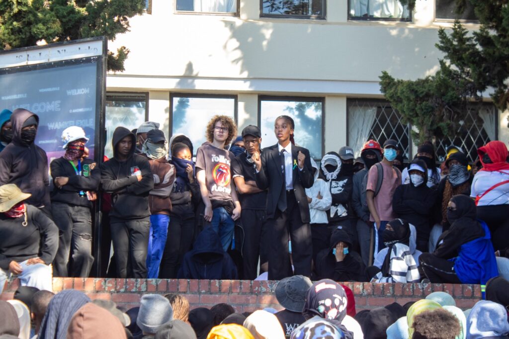 Rhodes University students gather during a protest over the 2027 student fee protocol in Makhanda.