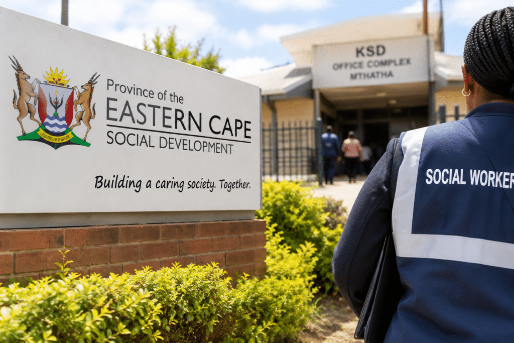 Eastern Cape Department of Social Development office with a social worker outside the KSD office complex in Mthatha.