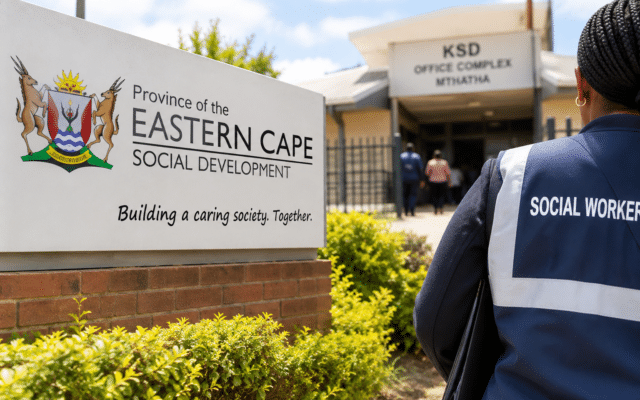 Eastern Cape Department of Social Development office with a social worker outside the KSD office complex in Mthatha.