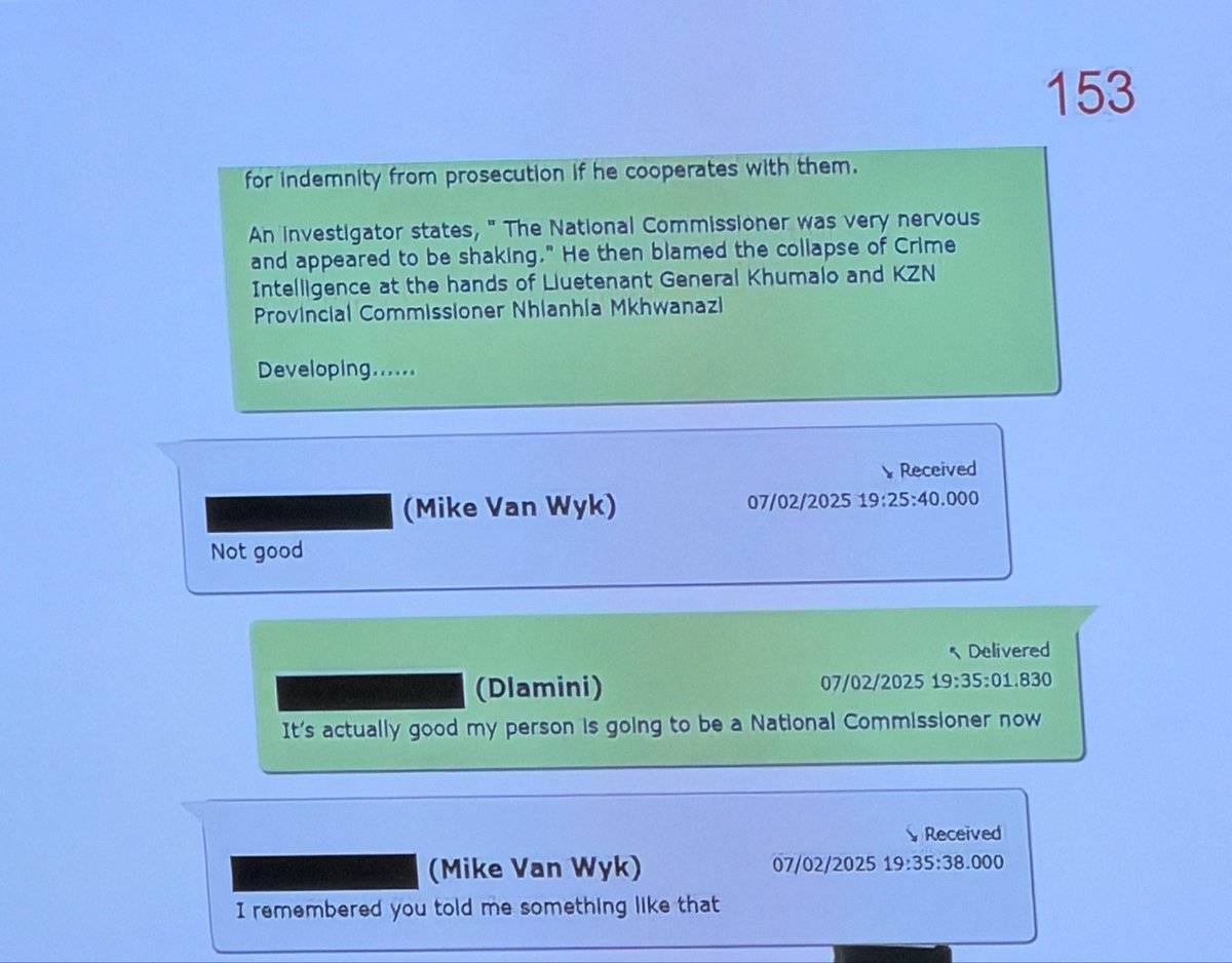 Screenshot of a WhatsApp conversation presented as evidence before the Madlanga Commission, showing a message stating: "My person is going to be a National Commissioner now."